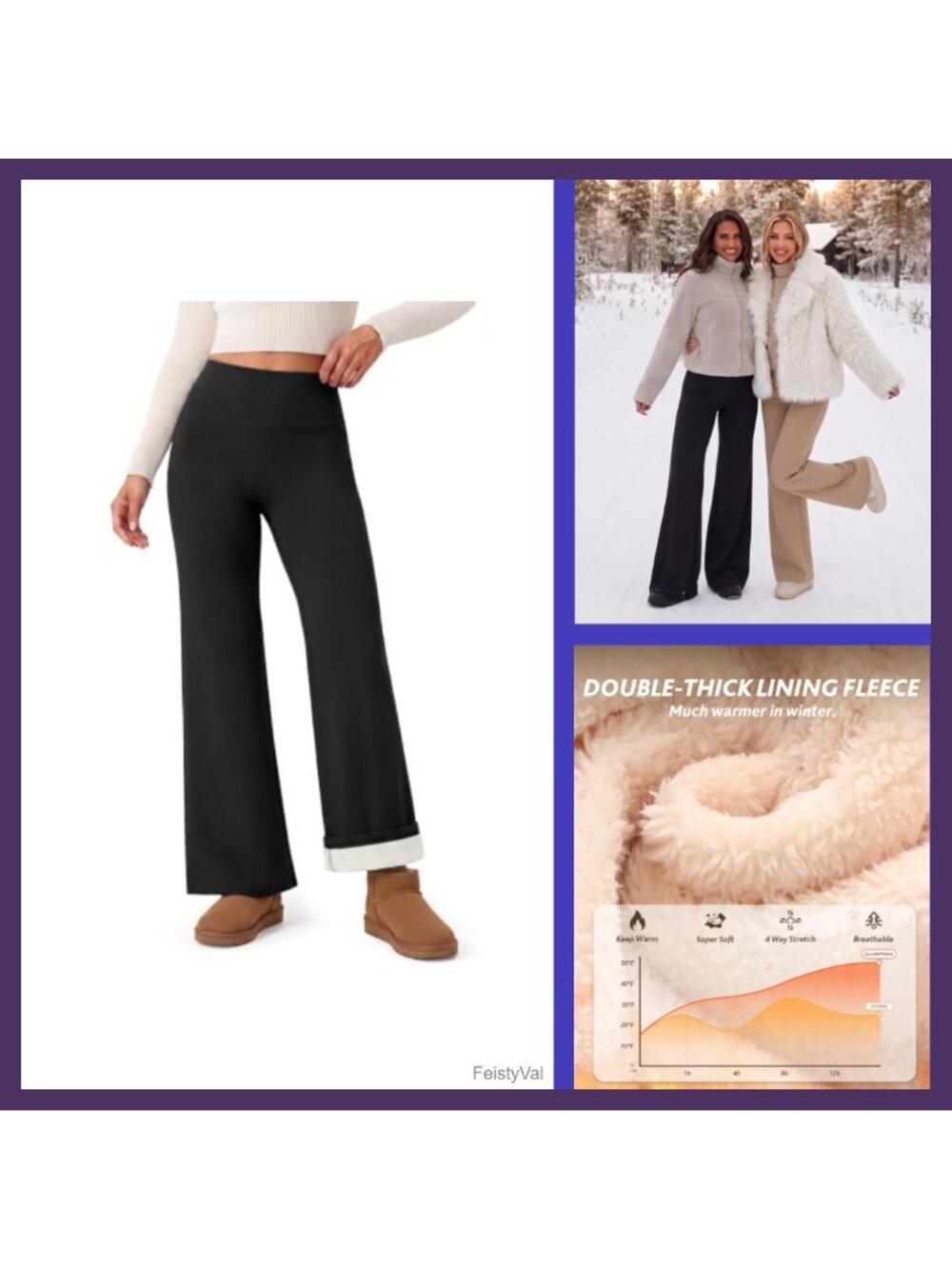 Fleece Lined Wide Leg Leggings High Waist Tummy Control Winter Pants